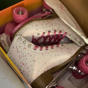 Sparkling White and Pink Roller Skates